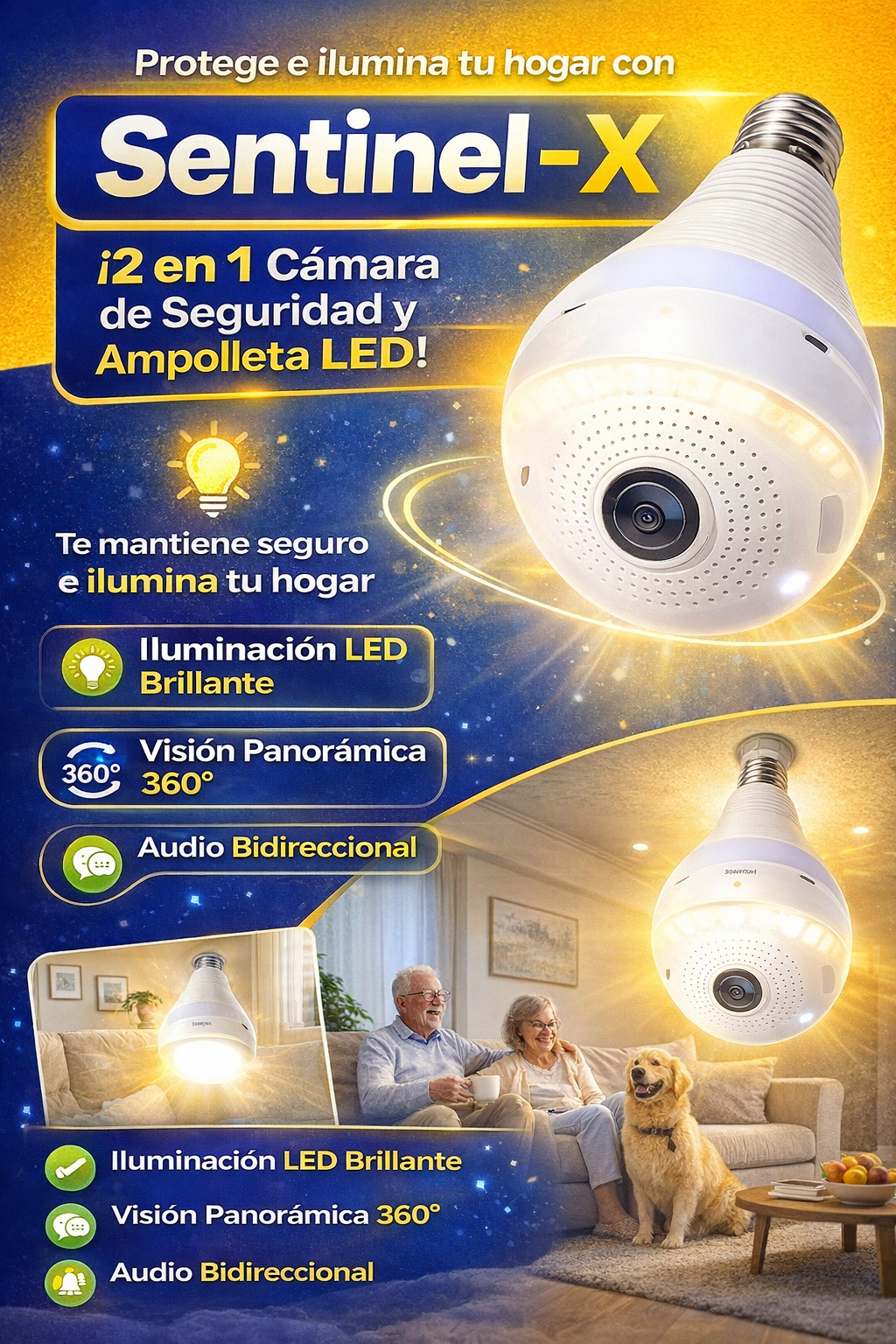 Sentinel-X: Cámara de Seguridad 360° con Visión Nocturna y Audio